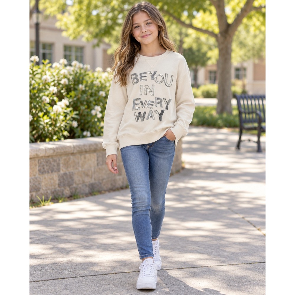RUUM Girls Cream Sequin Be You In Every Way Sweatshirt Size L 12